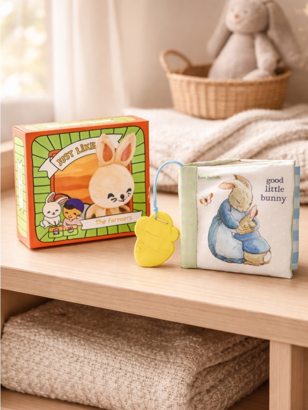 TWO Baby Books. Peter Rabbit Soft Book with Teething Ring - Box Cloth Farmers